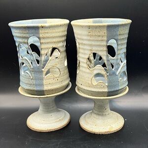 2 MCM Studio Art Pottery Candle Holder Cut Out Pedestal Blue Set Of 2 signed